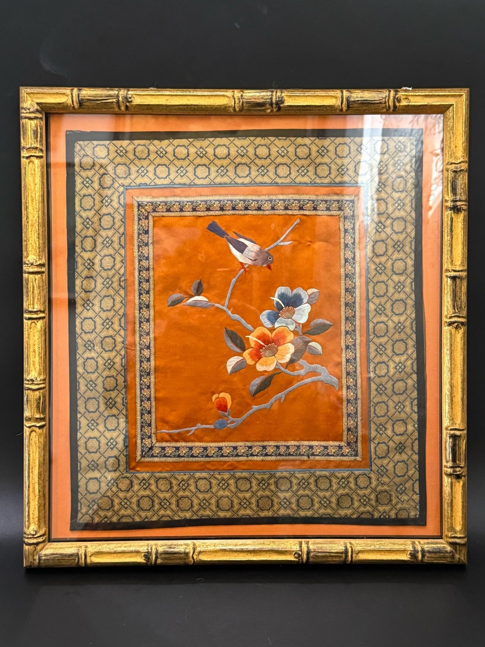 Vintage Asian Chinese Silk Embroidery Bird & Flowers Bamboo Framed Art 15”X14”